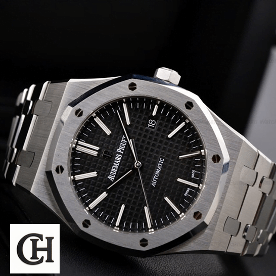 Audemars Piguet Black Dial Stainless Steel side view black background