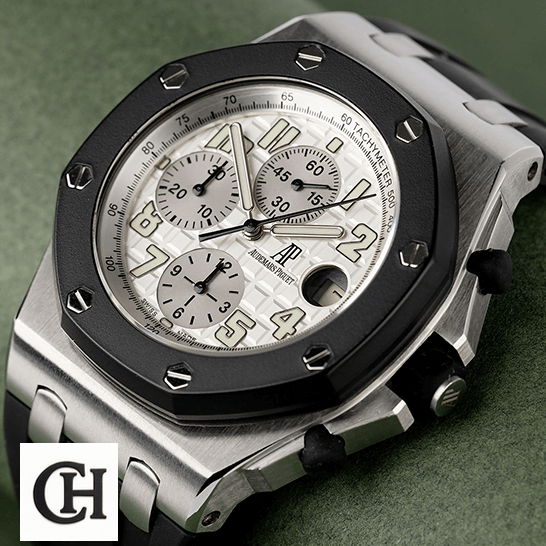 Audemars Piguet Royal Oak Offshore 25940SK.OO.D002CA.02.A Audemars Piguet Royal Oak White Dial Black Bezel dark green background