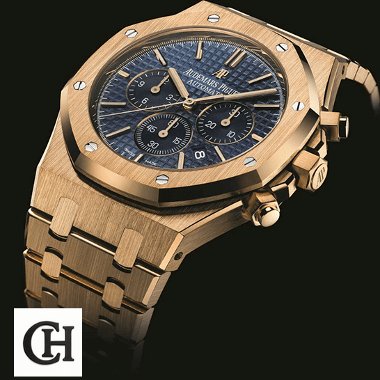 Audemars Piguet Royal Oak 26320BA.OO.1220BA.02 Premium audemars piguet royal oak chronograph 26320BA left Audemars Piguet Royal Oak Blue Dial Gold Case black background