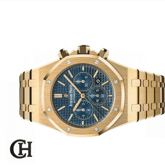 Audemars Piguet Royal Oak 26320BA.OO.1220BA.02 Premium audemars piguet royal oak chronograph 26320BA man Audemars Piguet Blue Dial Yellow Gold side view white background