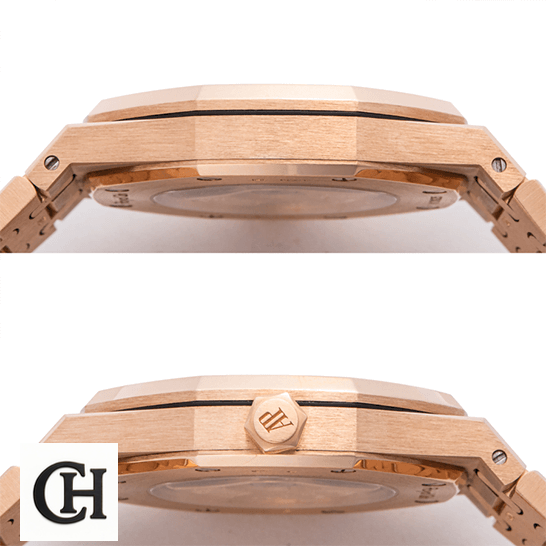 Audemars Piguet Royal Oak 15400OR.OO.1220OR.03 Edition Audemars Piguet Royal Oak Gold crown side view white background