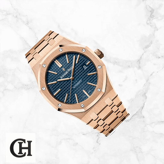 Audemars Piguet Royal Oak 15400OR.OO.1220OR.03 Edition Audemars Piguet Royal Oak Pink Gold Blue Dial white ceramic background