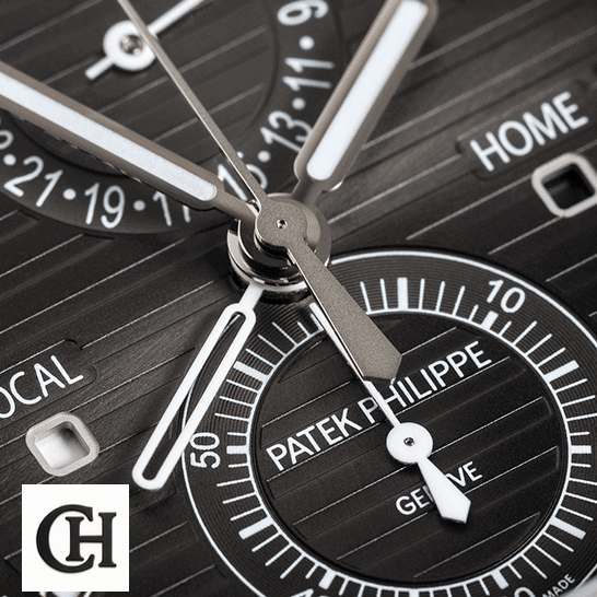 Patek Philippe Nautilus Travel Time Chronograph 5990/1A-001 First-Class patek philippe nautilus 59901A 001 black Patek Philippe Geneve Black Dial close analog view