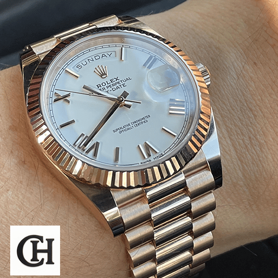 Rolex Day-Date 118235F-0024 President Rose Gold Roman Dial Ultra Fine rolex day date 118235f 0024 hand Rolex Day-Date President 118235f-0024 White Dial on his arm