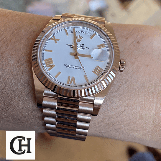 Rolex Day-Date 118235F-0024 President Rose Gold Roman Dial Ultra Fine rolex day date 118235f 0024 romannumerals Rolex Day-Date President 118235f-0024 Rose Gold Fluted Bezel on his arm