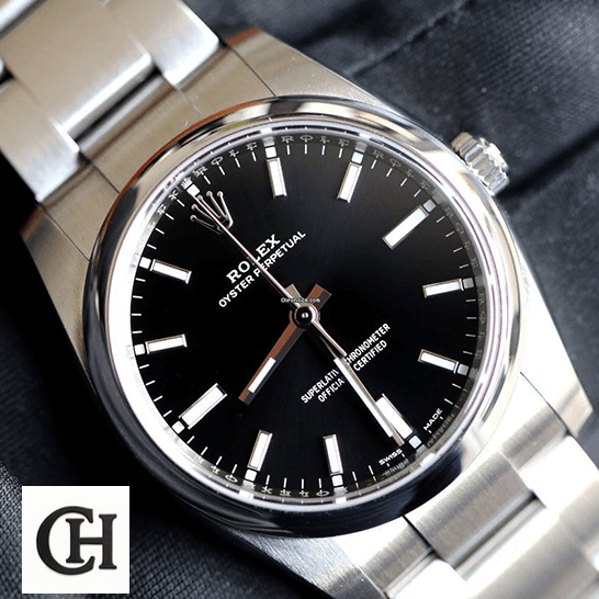 Rolex Air-King 114200 Oyster Perpetual "Black Dial" Signature rolex oyster perpetual 14200 0023 tiltedleft Rolex Oyster 14200-0023 stainless steel