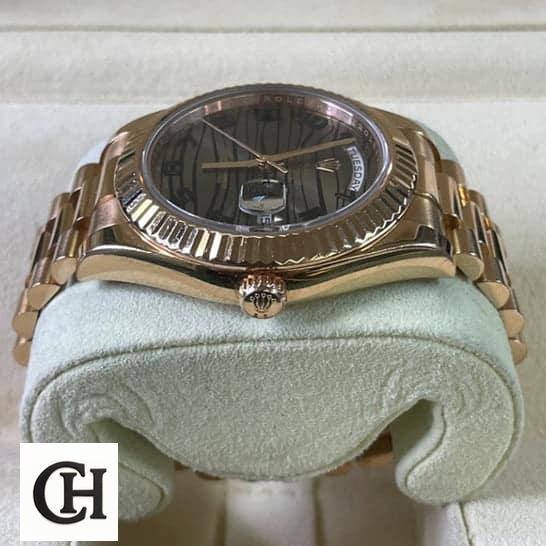 Rolex Day-Date 218235-0035 "Wave" Perfect rolex wave dial 218235 replica3 Rolex Day-Date Wave 218235-0035 Rose Gold Case Right Side Crown Pusher