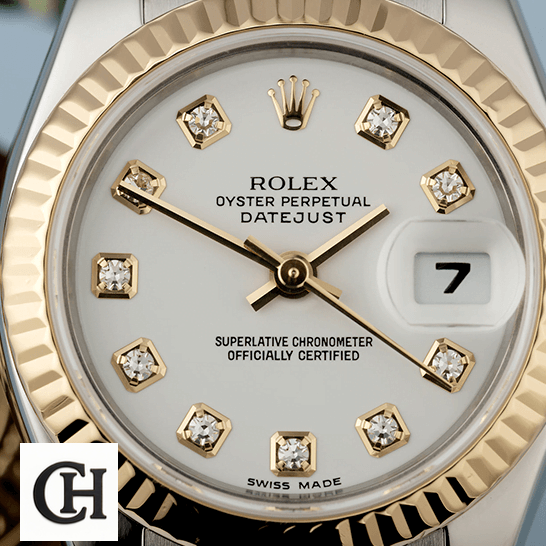 Rolex Datejust 179173 Rolex Datejust Diamond White Dial close analog view
