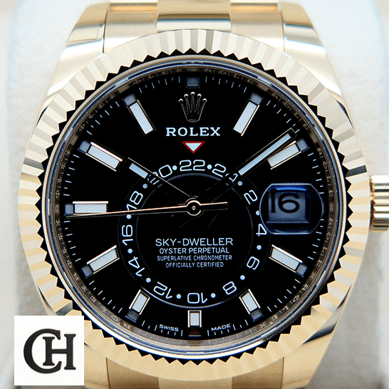 Rolex Sky-Dweller 326938-0004 "Yellow Gold" rolex sky dweller black dial yellow gold 326938 oyster dial 1 Rolex Sky-Dweller Black Dial Yellow Gold Fluted Bezel 326938-0004
