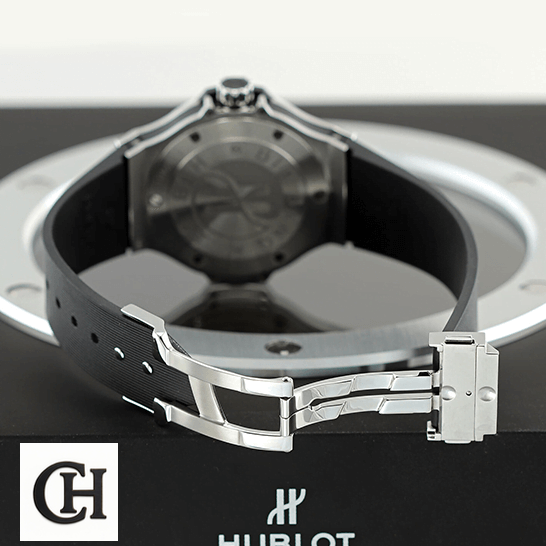 Hublot Big Bang Steel 361.SX.1270.RX.1104 "Diamond Bezel" Ultra hublot big bang steel black dial diamond bezel 361 SX 1270 RX 1104 back two Hublot Big Bang Steel Case Black Rubber Bracelet opened steel clasp