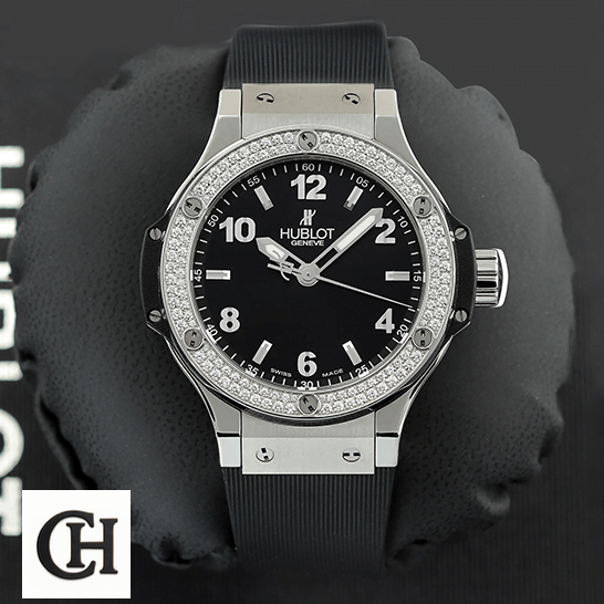 Hublot Big Bang Steel 361.SX.1270.RX.1104 "Diamond Bezel" Ultra hublot big bang steel black dial diamond bezel 361 SX 1270 RX 1104 front Hublot Big Bang Steel Black Dial Diamond Bezel in the box