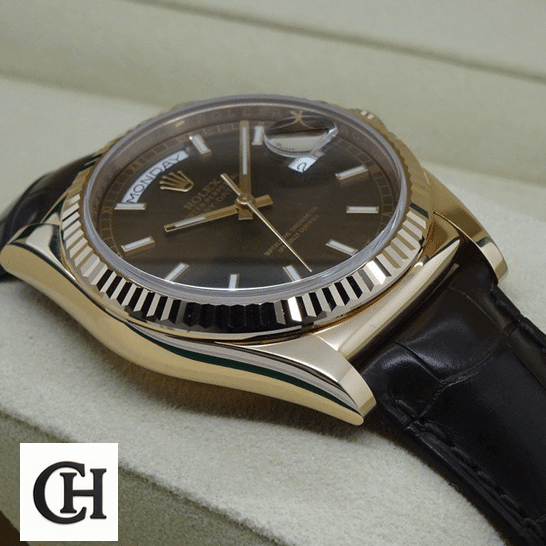 Rolex Day-Date 118139-0004 V5 Stainless Steel Case Black Leather Brecelet