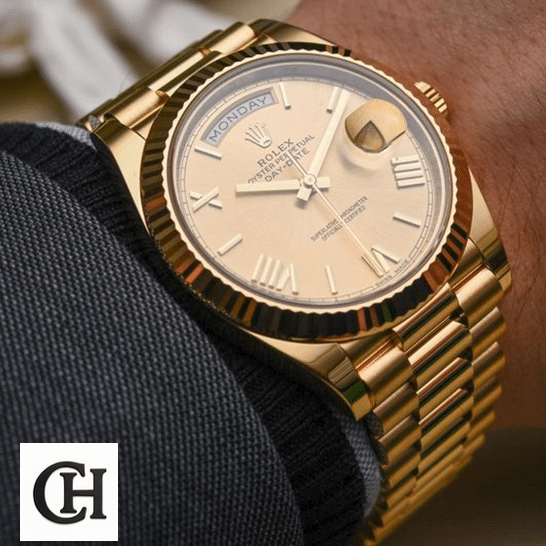 Rolex Day-Date 228238-0007 "President" rolex daydate 228238 0007 hand Rolex Day-Date II 228238-0007 Yellow Gold Romen Numerial Dial on is arm