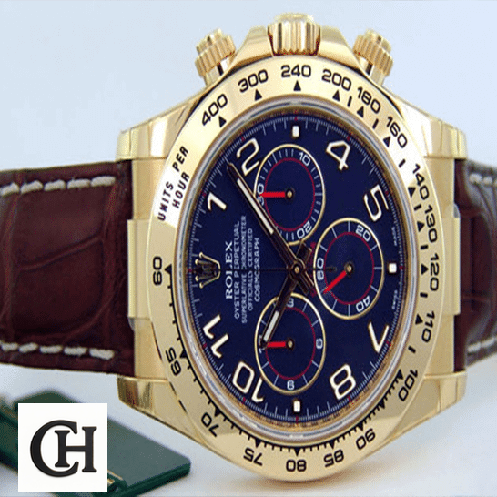 Rolex Cosmograph Daytona 116518 rolex daytona cosmograph 116518 yellow gold blue dial blue unitedluxurynet 1 Rolex Daytona Yellow Gold Case Button & Crown Pusher 116518