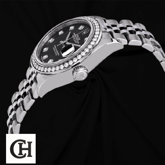 Rolex Datejust 279384RBR White Gold Jubilee Diamond Bezel black background