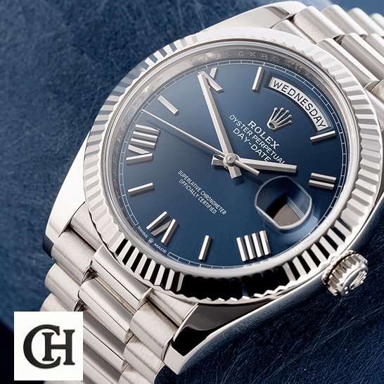 Rolex Day-Date 228239-0002 Rolex Day-Date 40 228239 Fluted Bezel Blue Backround