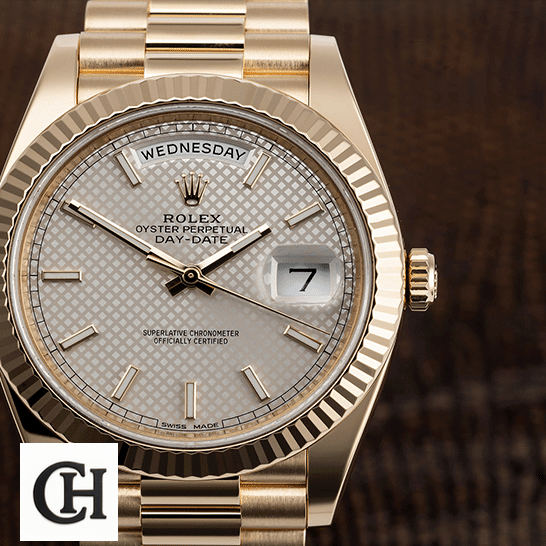 Rolex Day-Date 228238-0004 Rolex Day-Date 228238 Yellow Gold Bezel &Brown Wave background