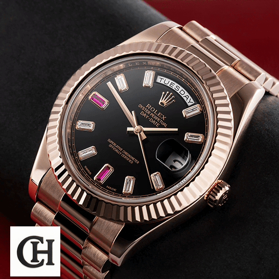 Rolex Day-Date II 218235 Rolex Day-Date II 218235 Rose Gold Crown Pusher & Gem-Set Indices