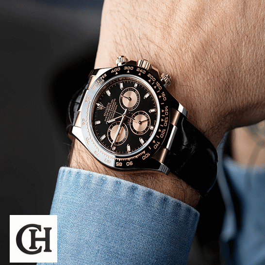 Rolex Cosmograph Daytona 116515LNBR Precision rolex daytona cosmograph 116515LNBR rose gold black dial Rolex Daytona Cosmograph 116515LNBR Black Leather Bracelet Chocolate Dial on is arm