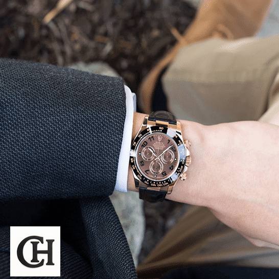 Rolex Cosmograph Daytona 116515LNBR Precision rolex daytona cosmograph 116515LNBR rose gold black dial Rolex Daytona Cosmograph 116515LNBR Black Leather Bracelet on is arm