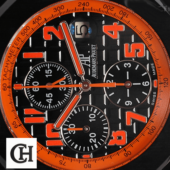 Audemars Piguet Royal Oak Offshore 26200SN.OO.D101CR.01 "Volcano" Detailed audemars piguet royal oak offshore 26200SN.OO.D101CR.01 dial Audemars Piguet Royal Oak Orange Black Dial analog close view