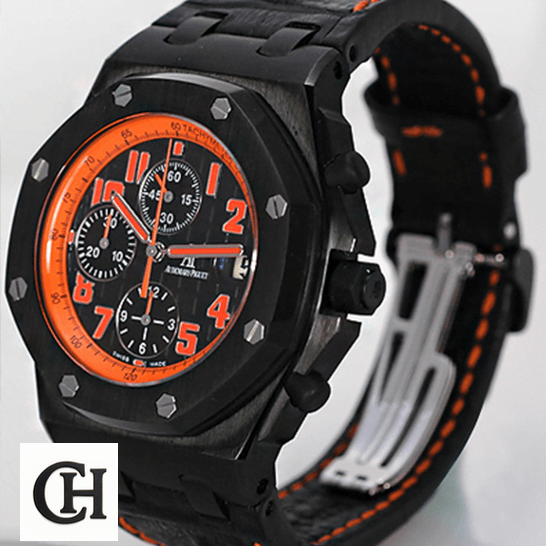 Audemars Piguet Royal Oak Offshore 26200SN.OO.D101CR.01 "Volcano" Detailed audemars piguet royal oak offshore 26200SN.OO.D101CR.01 left Audemars Piguet Orange Black Dial Black Bezel side view white background