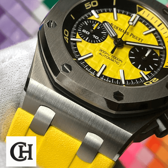 Audemars Piguet Royal Oak Offshore Diver 26703ST.OO.A051CA.01 First-Class Audemars Piguet Royal Oak Yellow Dial Steel Bezel on the hand