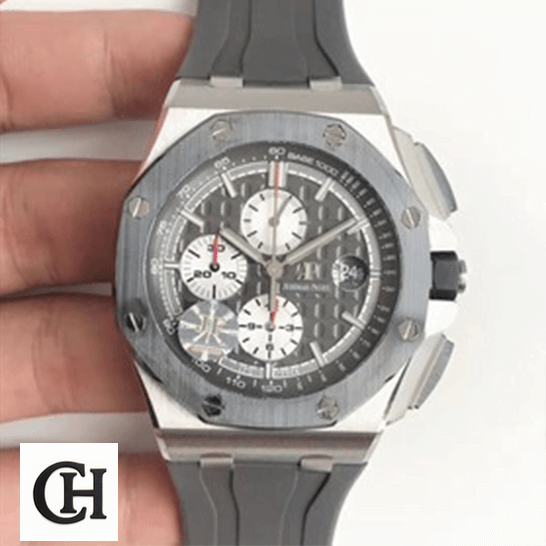Audemars Piguet Royal Oak Offshore Chronograph 26401RO.OO.A002CA.01 Elite Edition audemars piguet royal oak offshore novelty chronograph 26400IO.OO.A004CA man left AP Royal Oak Novelty Grey Rubber Bracelet & Dial white background