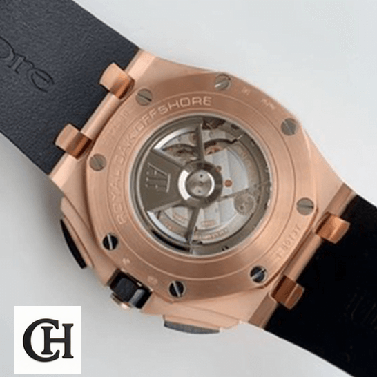 Audemars Piguet Royal Oak Offshore 26401RO.OO.A002CA.01 Premium Duplicate audemars piguet royal oak offshore novelty chronograph 26401RO.OO.A002CA man left Audemars Piguet Royal Oak Gold Case Black Rubber Bracelet white background