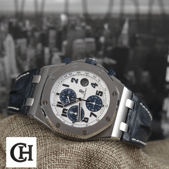 Audemars Piguet Royal Oak Offshore 26170ST.OO.D305CR.01 "Navy" High-End audemarspiguet royaloakoffshore 26170ST.OO.D305CR.01 tiltedleft Audemars Piguet Royal Oak Offshore 26170ST.OO_.D305CR.01 White Dial