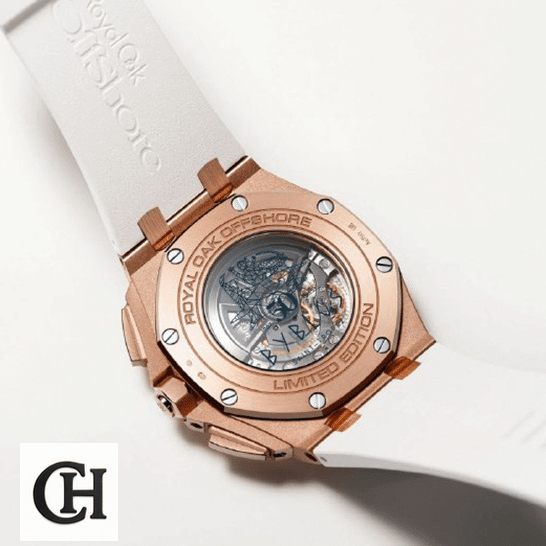 Audemars Piguet Royal Oak Offshore 26408OR.OO.A010CA.01 Audemars Piguet Gold Case White Rubber Bracelet upside view