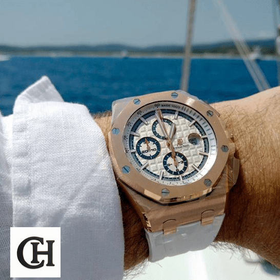 Audemars Piguet Royal Oak Offshore 26408OR.OO.A010CA.01 Audemars Piguet Gold Case White Dial Rubber White Bracelet sea background