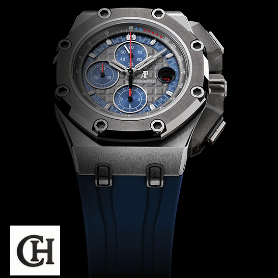 Audemars Piguet Royal Oak Offshore 26568PM.OO.A021CA.01 "Michael Schumacher" Edition audemarspiguet royaloakoffshore 26568PM.OO.A021CA.01 bracelet Audemars Piguet Royal Oak Blue Rubber Bracelet front view black background