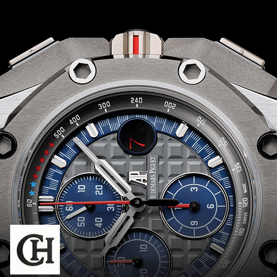 Audemars Piguet Royal Oak Offshore 26568PM.OO.A021CA.01 "Michael Schumacher" Edition audemarspiguet royaloakoffshore 26568PM.OO.A021CA.01 dial Audemars Piguetr Grey Blue Dial Carbon Case red second hand