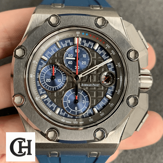 Audemars Piguet Royal Oak Offshore 26568PM.OO.A021CA.01 "Michael Schumacher" Edition audemarspiguet royaloakoffshore 26568PM.OO.A021CA.01 Audemars Piguet Royal Oak Black Dial Blue Rubber Bracelet front view