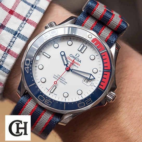 Omega Seamaster Blue Buckle Bracelet White Dial on the wrist