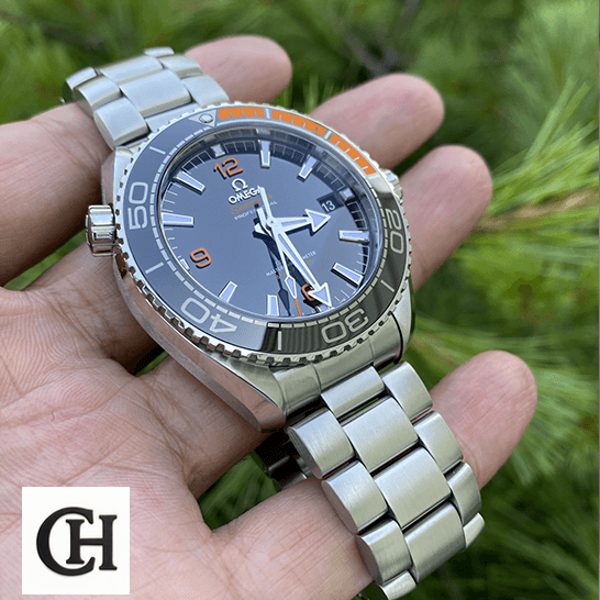 Omega Seamaster Planet Ocean Co-Axial Master Chronometer 215.30.44.21.01.002 omega seamaster planet ocean steel Omega Seamaster Black Dial Oyster Bracelet on the hand & grass background