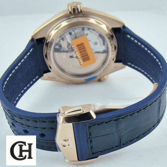 Omega Seamaster Planet Ocean Steel 215.63.44.21.03.001 Premium omega seamaster planet ocean steel 215.63.44.21.03 back Omega Seamaster Planet Ocean Steel Leather Blue Bracelet upside view