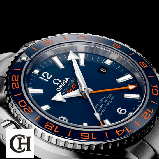 Omega Seamaster GMT Blue Dial Orange Bezel black background