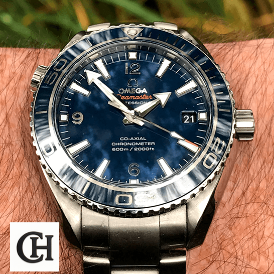 Omega Seamaster Planet Ocean 232.90.42.21.03.001 Blue Dial Near Original omega seamaster planet ocean steel 232 90 42 21 03 001 blue dial hand Omega Seamaster Professıonal Co Axial on the man wrist grass background