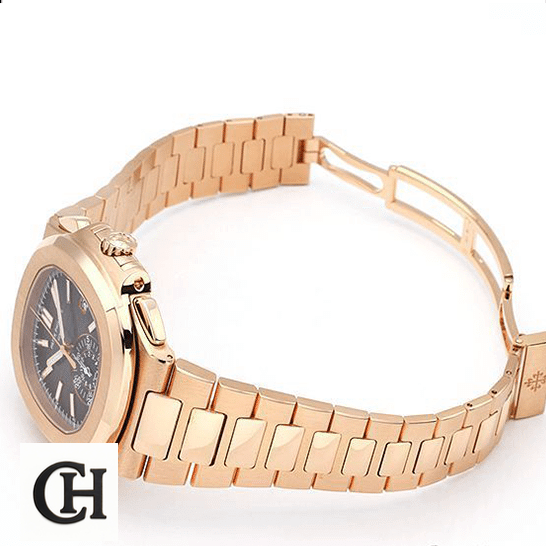 Patek Philippe Nautilus 5980 Brown Dial Premium Duplicate Patek Philippe Nautilus Rose Gold Bracelet opened clasp white background