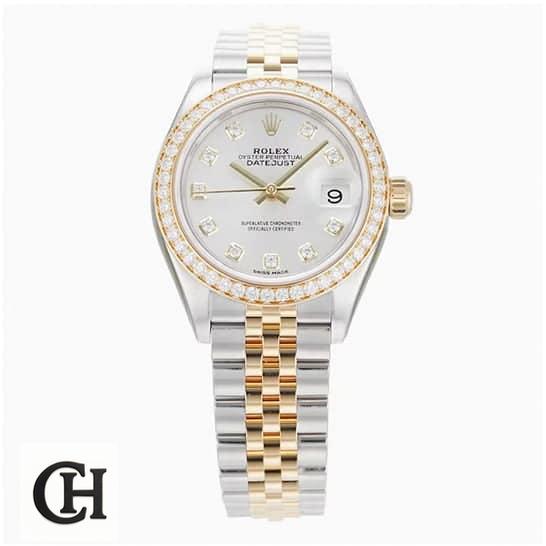 Rolex Lady-Datejust 279383RBR Diamond Bezel Ultra rolex 279383rbr replica42 Rolex Datejust Diamond White Dial White background
