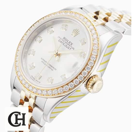 Rolex Lady-Datejust 279383RBR Diamond Bezel Ultra rolex 279383rbr Rolex Datejust White Dial Diamond Bezel side view and push button