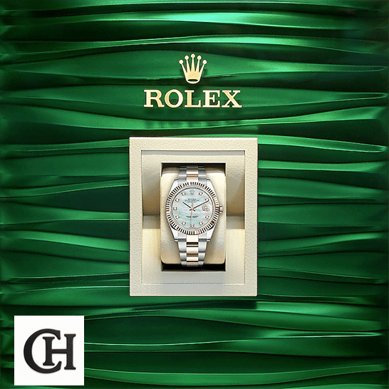 Rolex Datejust 41 126331-0013 Mother Of Pearl in the Box and Green wave background