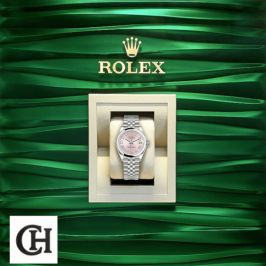 Rolex Datejust 279160 Pink Roman Dial Near Original Rolex Lady-Datejust 279160-0013 Green Wave Background