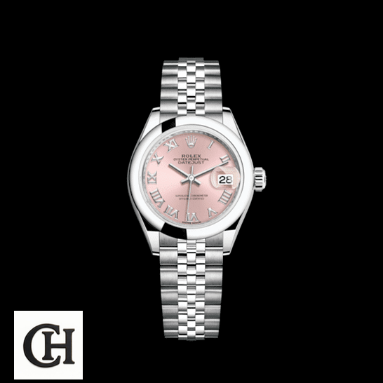 Rolex Datejust 279160 Pink Roman Dial Near Original Rolex Lady-Datejust Pink 279160-0013 Stainless Steel Jubilee Black Background