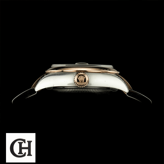 Rolex Lady-Datejust 279161 Chocolate Roman Dial Mirror Rolex 279161 Steel Everose Gold Chocolate Crown black background side view