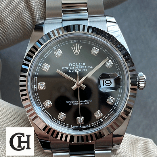 Rolex Lady-Datejust 279174 White Gold Fluted Bezel Precision Rolex Datejust Diamond Black Dial on hand
