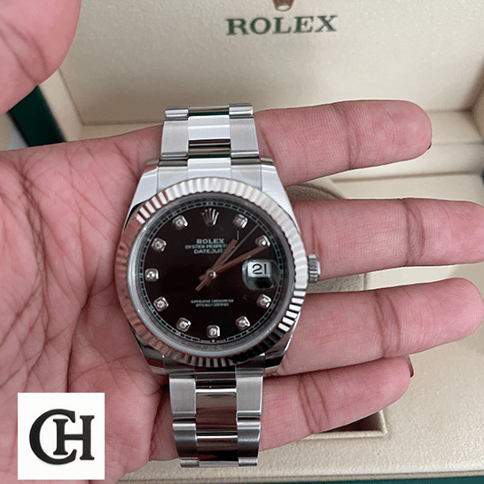 Rolex Lady-Datejust 279174 White Gold Fluted Bezel Precision Rolex Datejust Black Dial hand over box