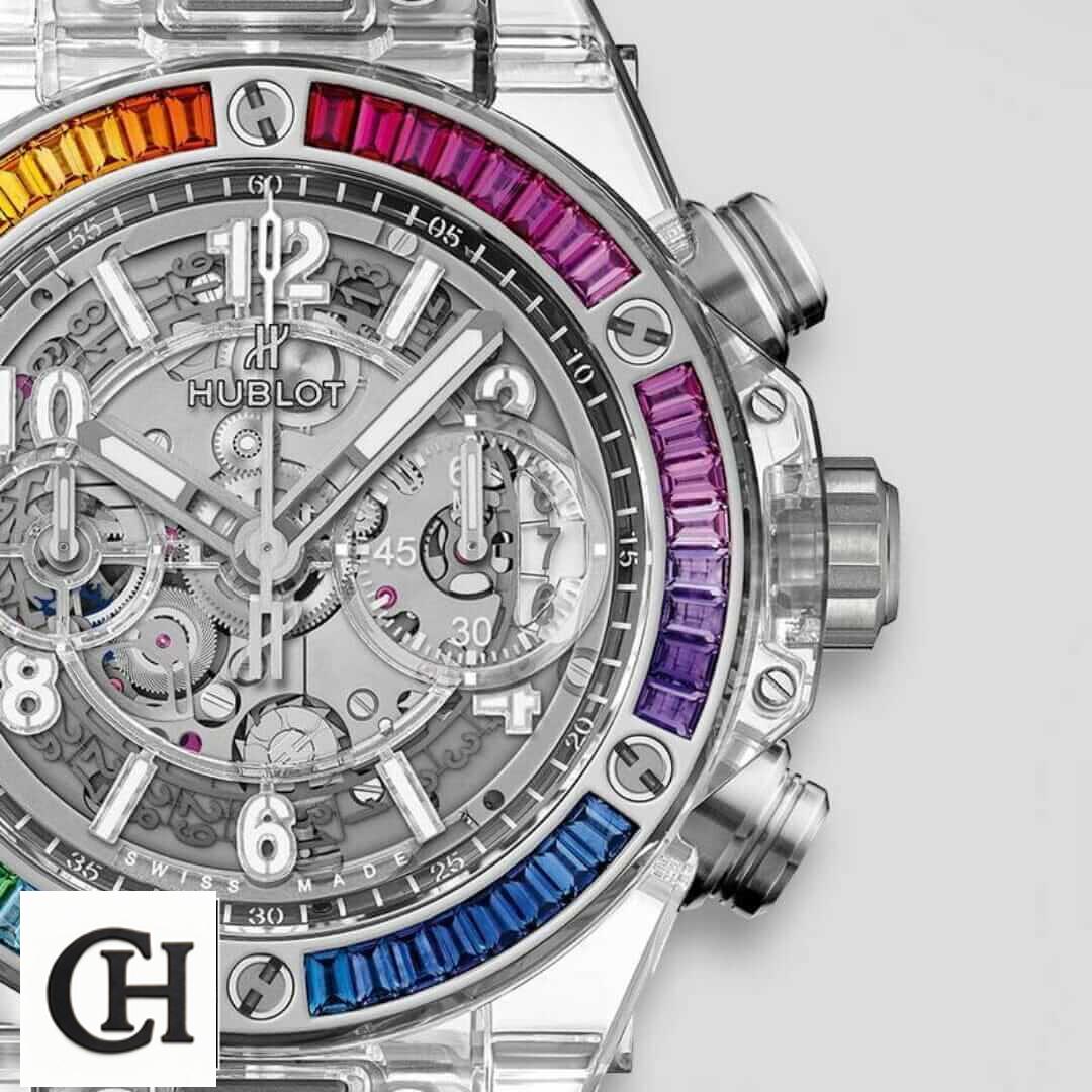 Hublot Big Bang Unico Hublot Big Bang Rainbow Bezel White Dial white background
